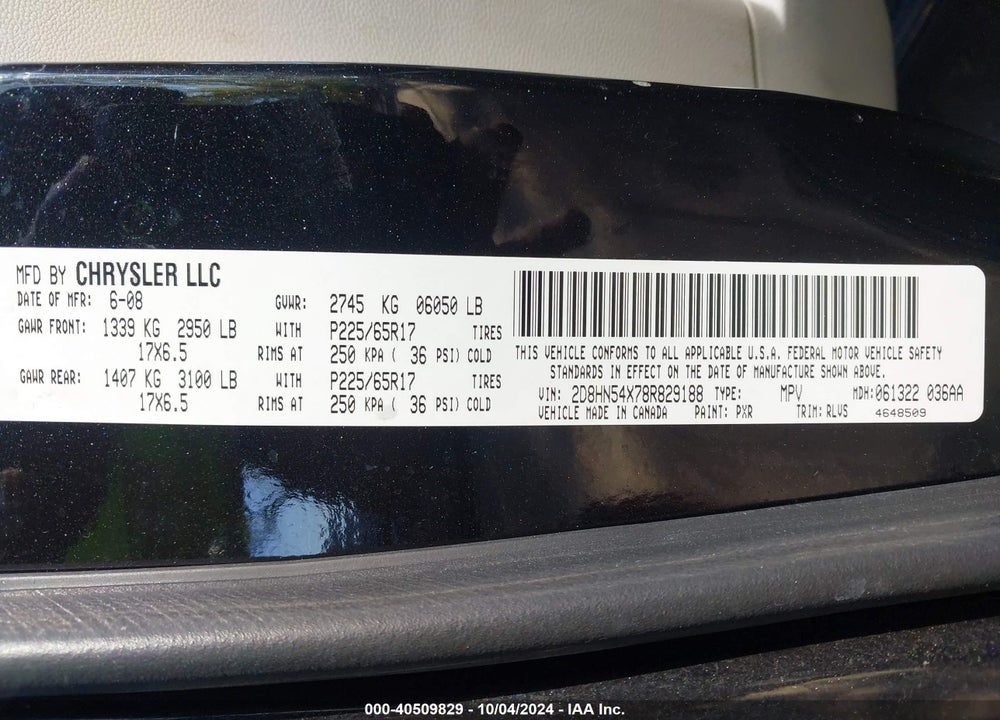 2008 DODGE GRAND CARAVAN SXT VIN: 2D8HN54X78R829188