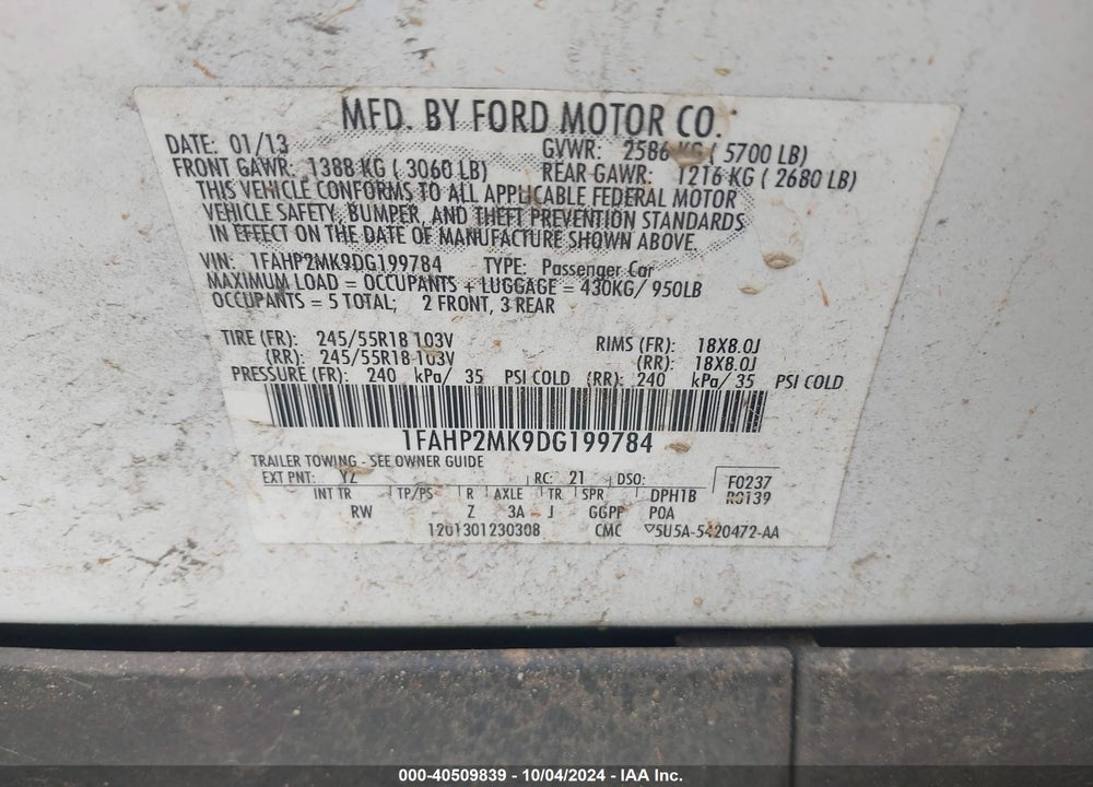 2013 FORD POLICE INTERCEPTOR VIN: 1FAHP2MK9DG199784