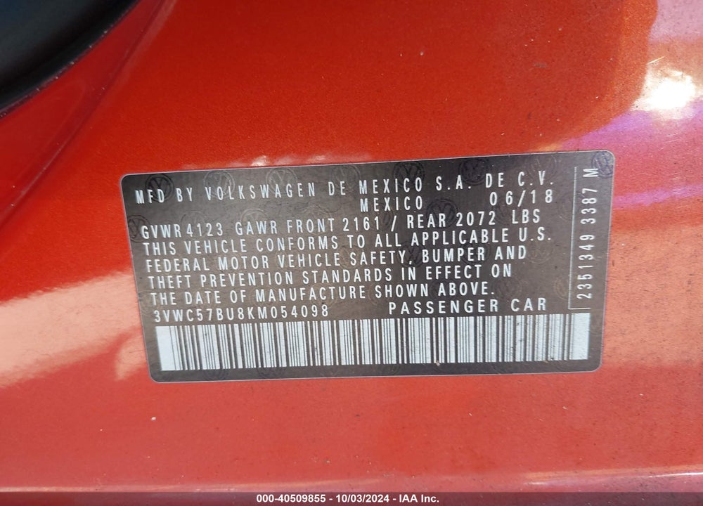 2019 VOLKSWAGEN JETTA 1.4T R-LINE/1.4T S/1.4T SE VIN: 3VWC57BU8KM054098