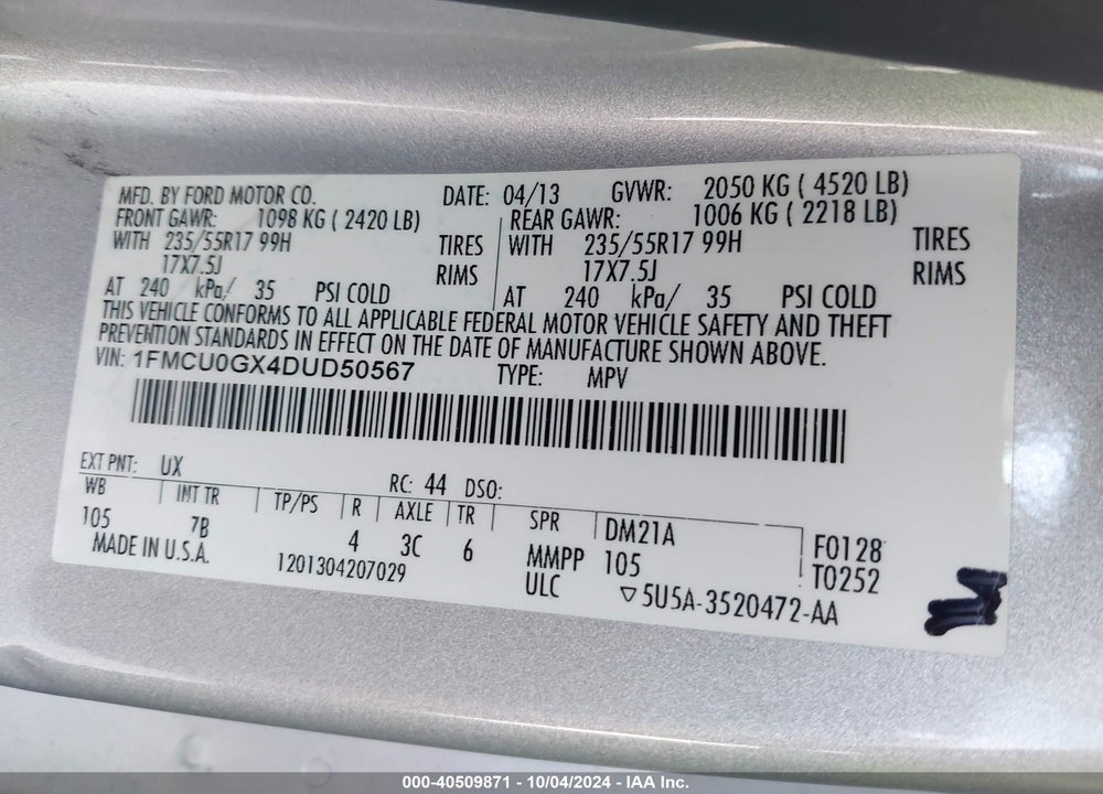 2013 FORD ESCAPE SE VIN: 1FMCU0GX4DUD50567