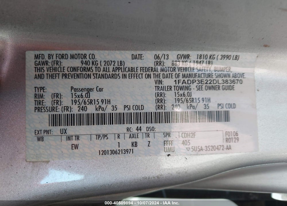 2013 FORD FOCUS VIN: 1FADP3E22DL383670