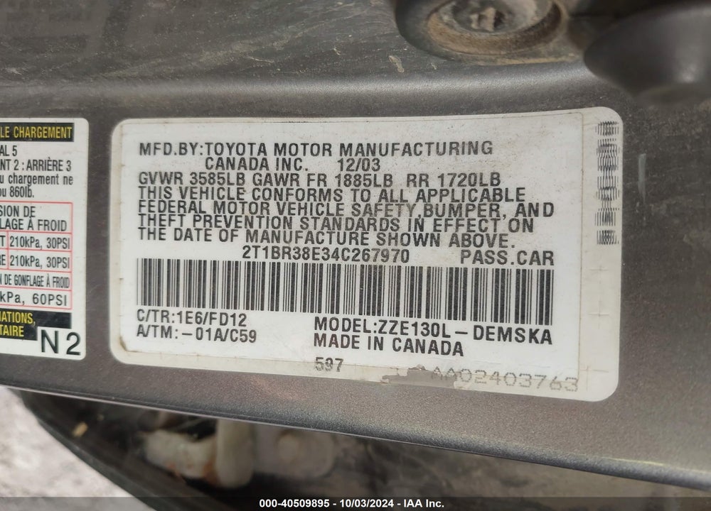 2004 TOYOTA COROLLA S VIN: 2T1BR38E34C267970