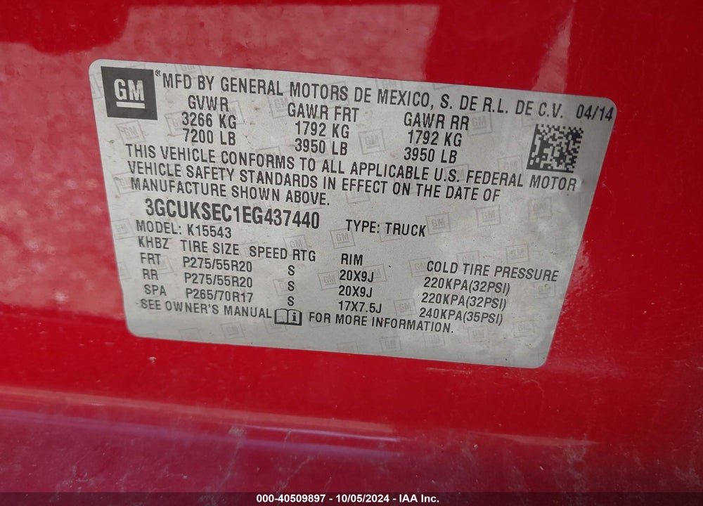 2014 CHEVROLET SILVERADO 1500 1LZ VIN: 3GCUKSEC1EG437440