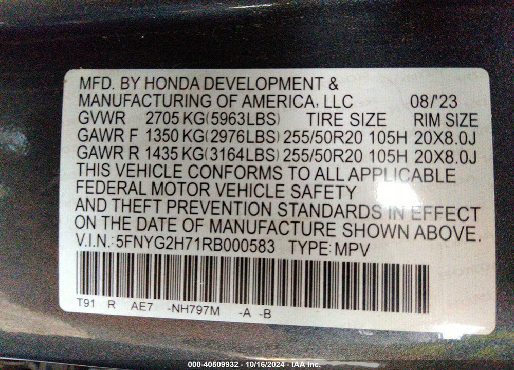 2024 HONDA PILOT TOURING VIN: 5FNYG2H71RB000583