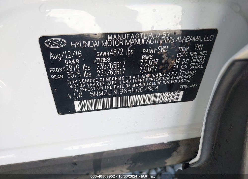 2017 HYUNDAI SANTA FE SPORT 2.4L VIN: 5NMZU3LB6HH007864