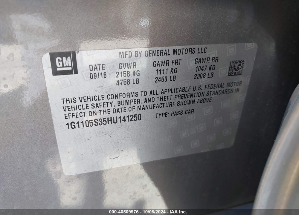 2017 CHEVROLET IMPALA 1LT VIN: 1G1105S35HU141250