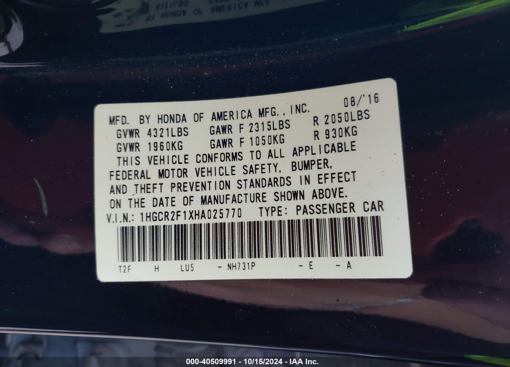 2017 HONDA ACCORD SPORT SE VIN: 1HGCR2F1XHA025770