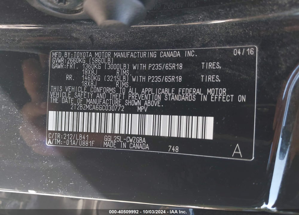 2016 LEXUS RX 350 VIN: 2T2BZMCA6GC030772