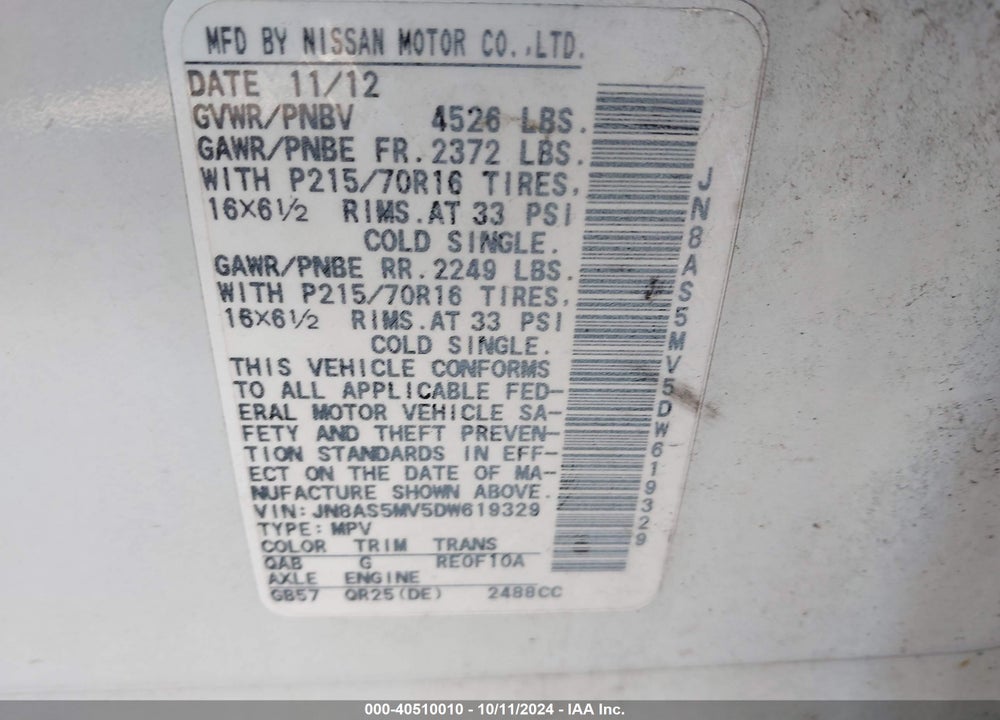 2013 NISSAN ROGUE S VIN: JN8AS5MV5DW619329