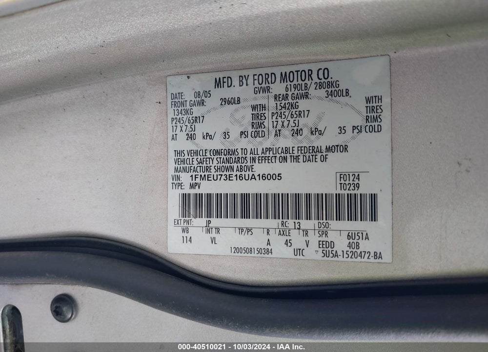 2006 FORD EXPLORER XLT VIN: 1FMEU73E16UA16005