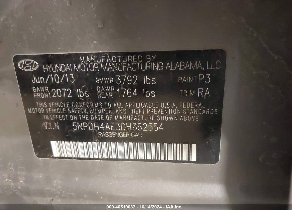 2013 HYUNDAI ELANTRA GLS VIN: 5NPDH4AE3DH362554