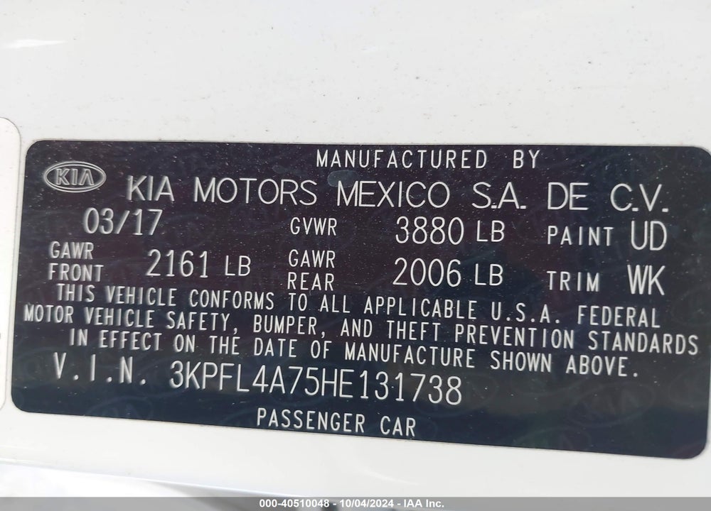 2017 KIA FORTE S VIN: 3KPFL4A75HE131738