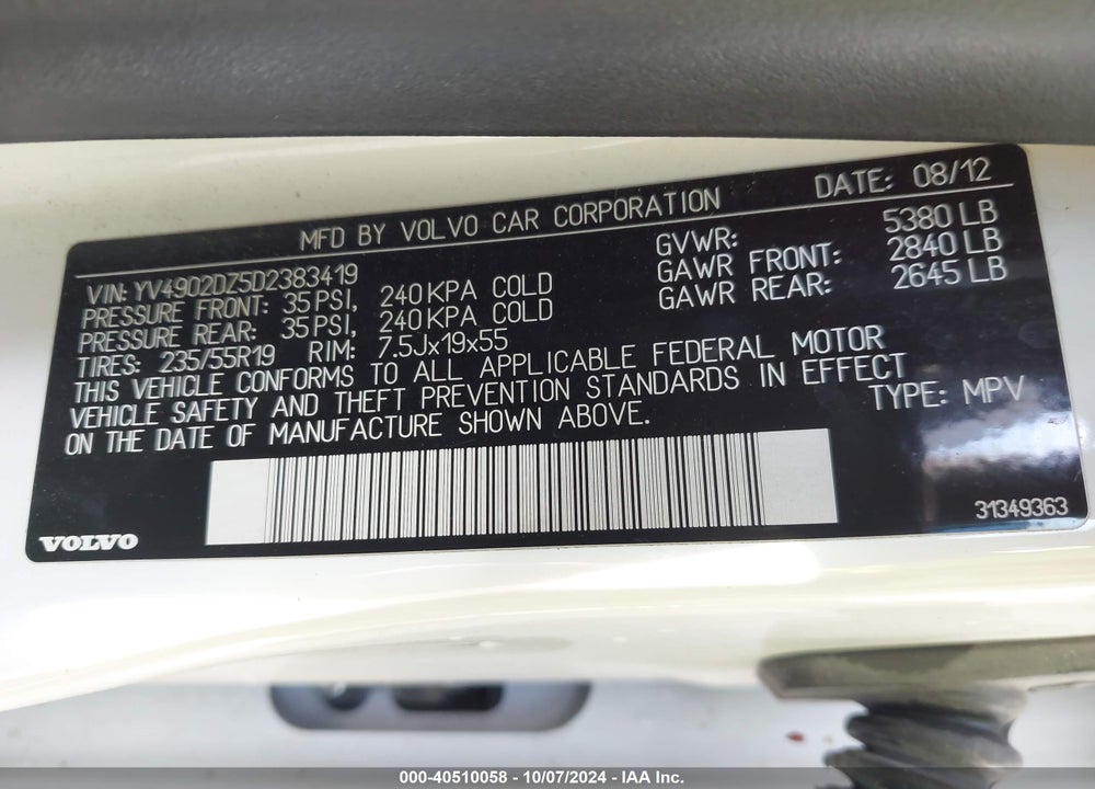 2013 VOLVO XC60 T6/T6 PLATINUM/T6 PREMIER PLUS/T6 R-DESIGN/T6 R-DESIGN PLATINUM/T6 R-DESIGN PREMIER PLUS VIN: YV4902DZ5D2383419