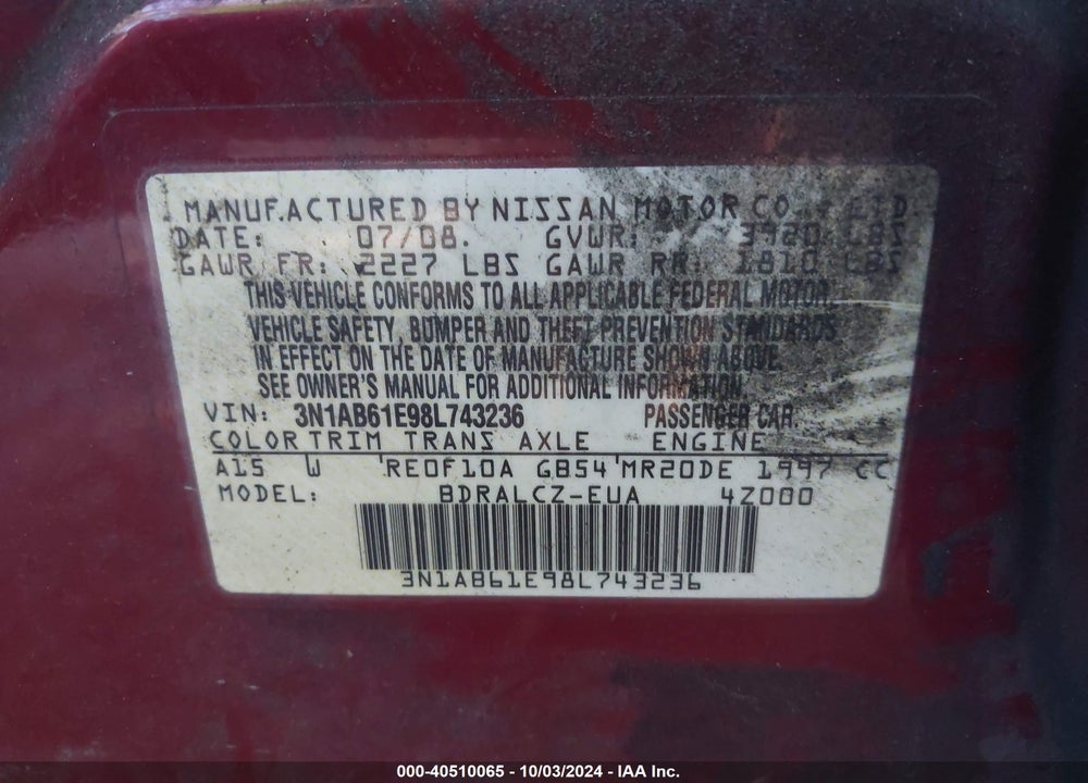 2008 NISSAN SENTRA 2.0 VIN: 3N1AB61E98L743236