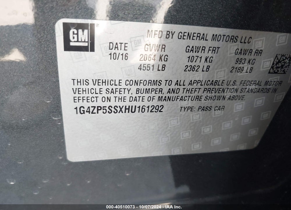 2017 BUICK LACROSSE VIN: 1G4ZP5SSXHU161292