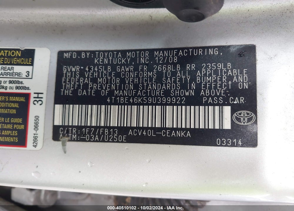 2009 TOYOTA CAMRY LE VIN: 4T1BE46K59U399922