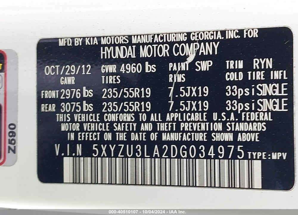 2013 HYUNDAI SANTA FE SPORT 2.0T VIN: 5XYZU3LA2DG034975