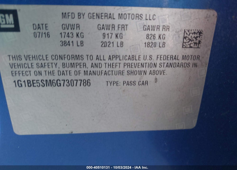 2016 CHEVROLET CRUZE LT AUTO VIN: 1G1BE5SM6G7307786