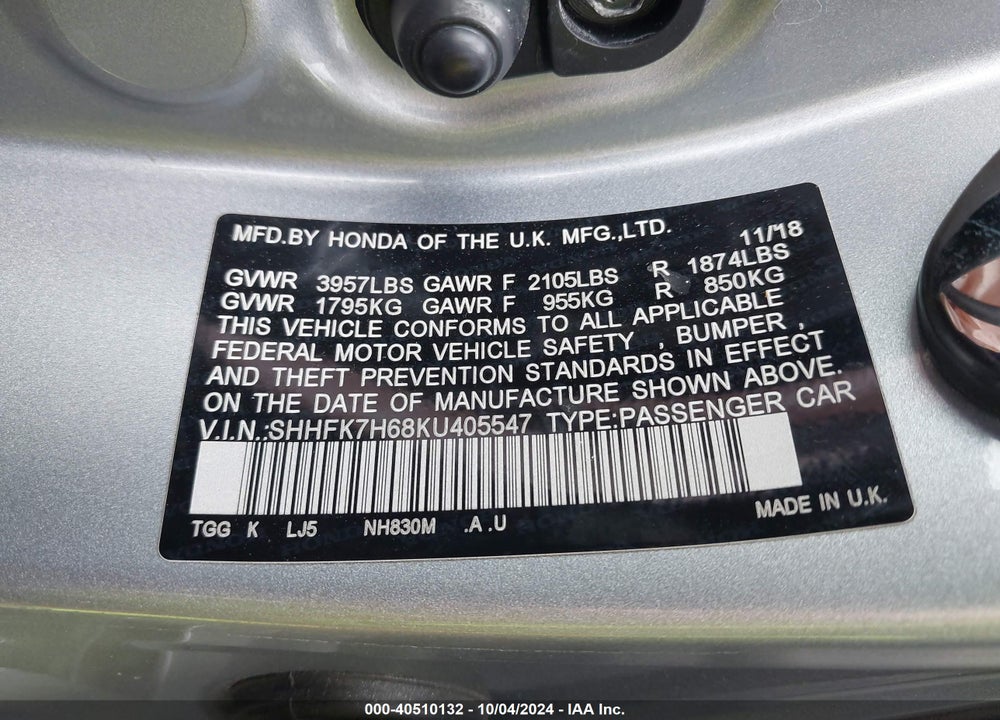 2019 HONDA CIVIC VIN: SHHFK7H68KU405547