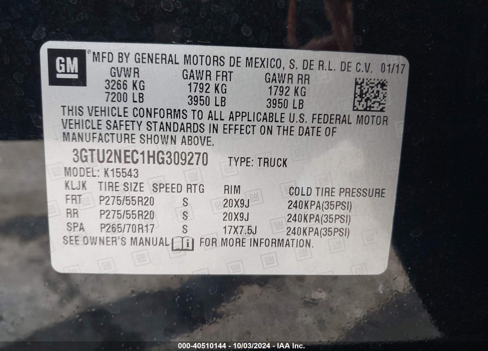 2017 GMC SIERRA 1500 SLT VIN: 3GTU2NEC1HG309270