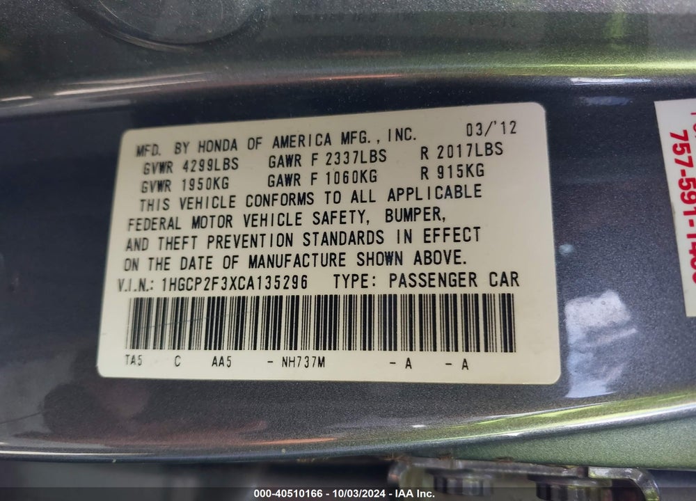 2012 HONDA ACCORD 2.4 LX VIN: 1HGCP2F3XCA135296
