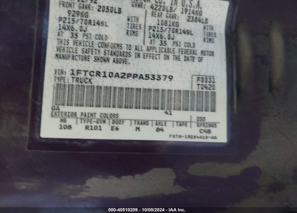 1993 FORD RANGER VIN: 1FTCR10A2PPA53379