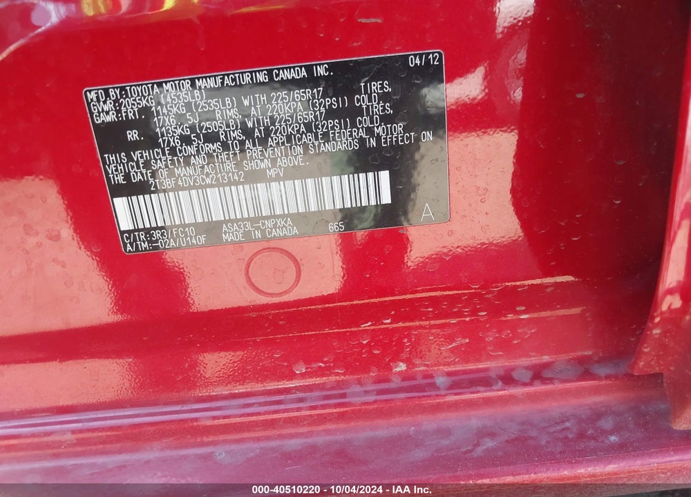 2012 TOYOTA RAV4 VIN: 2T3BF4DV3CW213142