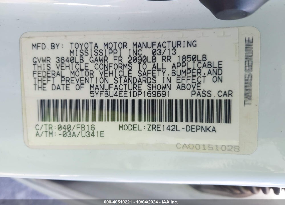 2013 TOYOTA COROLLA LE VIN: 5YFBU4EE1DP169691