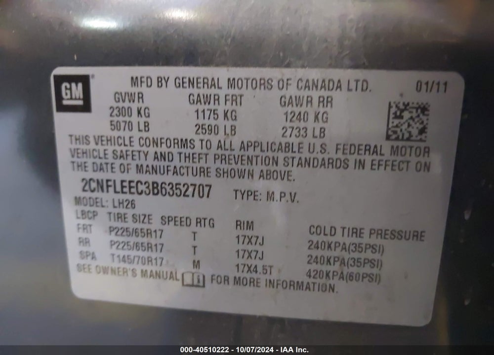 2011 CHEVROLET EQUINOX 1LT VIN: 2CNFLEEC3B6352707
