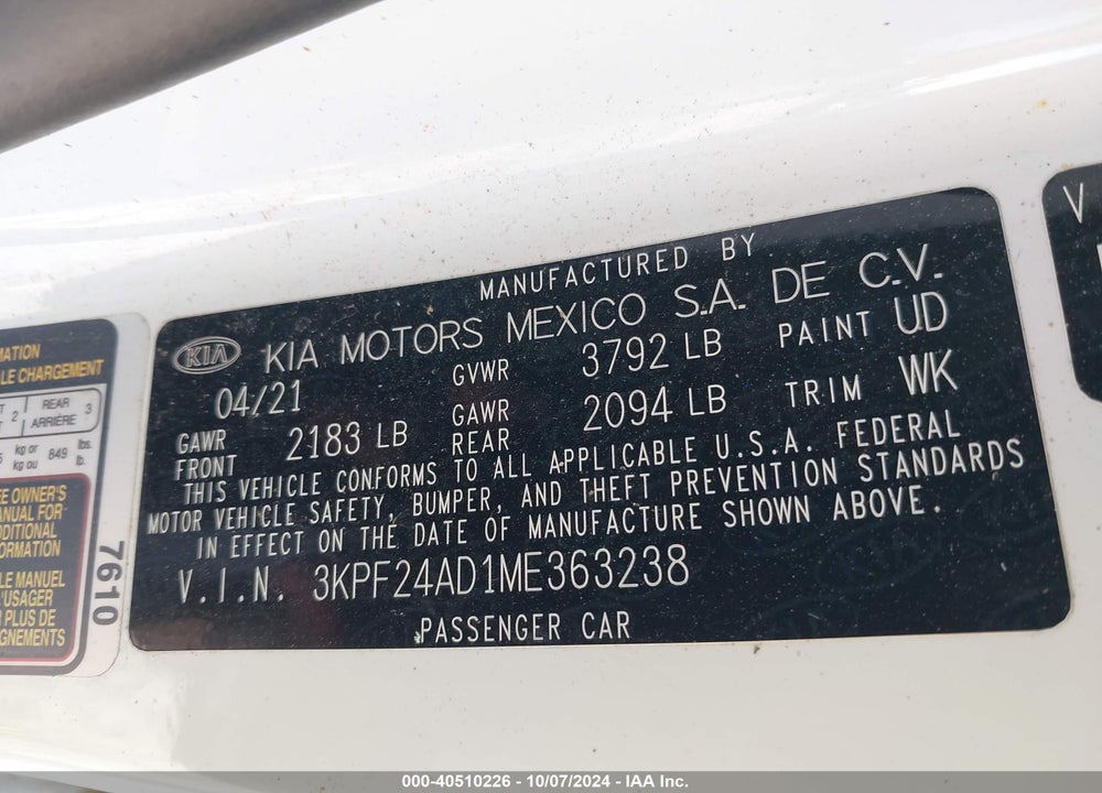2021 KIA FORTE LXS VIN: 3KPF24AD1ME363238