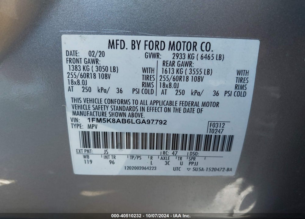 2020 FORD POLICE INTERCEPTOR UTILITY VIN: 1FM5K8AB6LGA97792