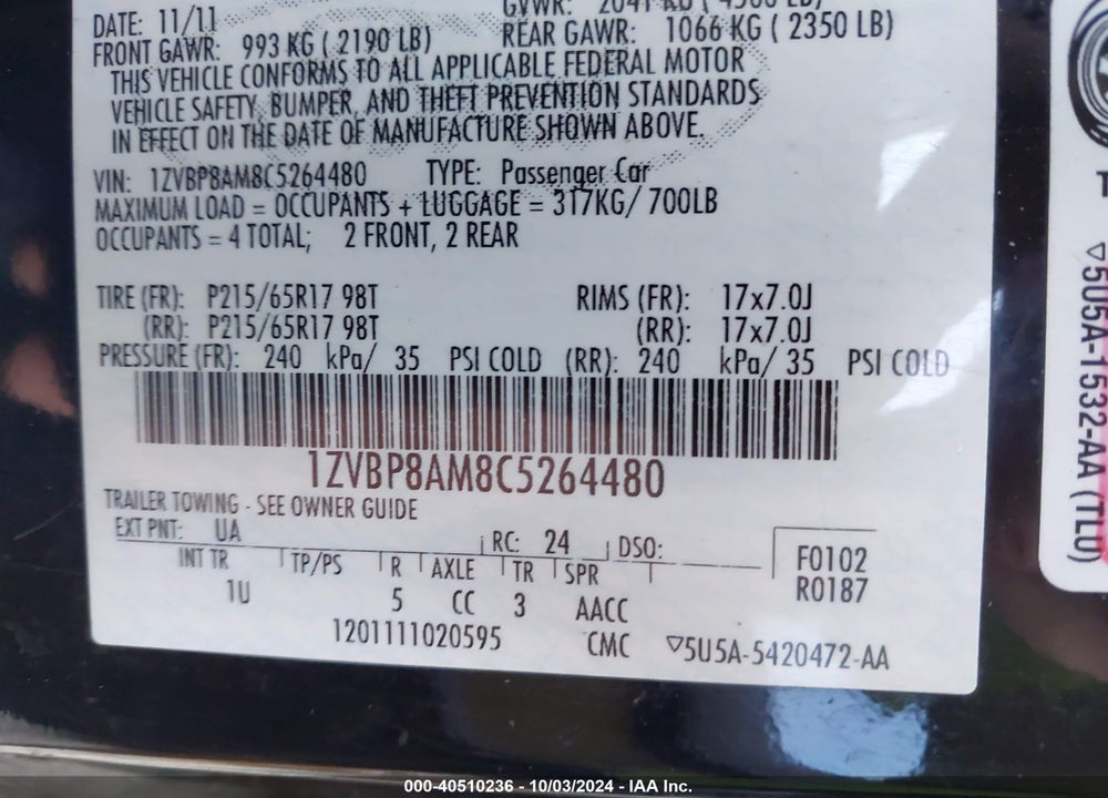 2012 FORD MUSTANG V6 VIN: 1ZVBP8AM8C5264480