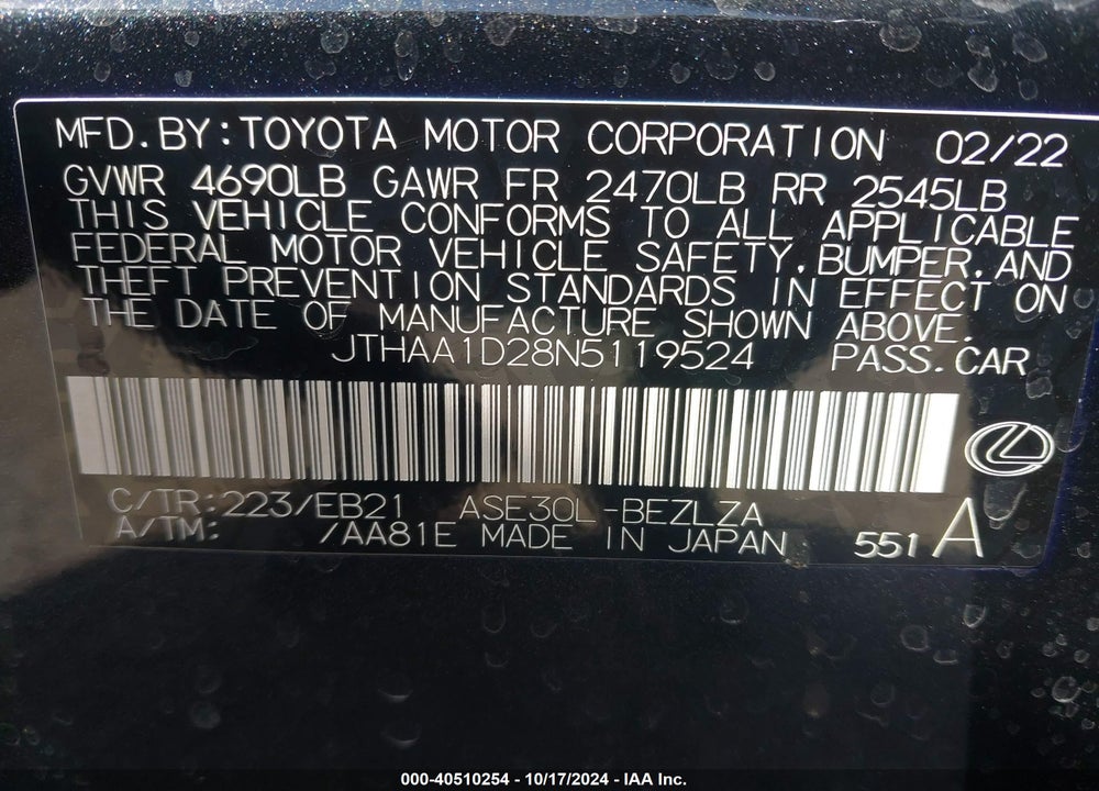 2022 LEXUS IS 300 VIN: JTHAA1D28N5119524