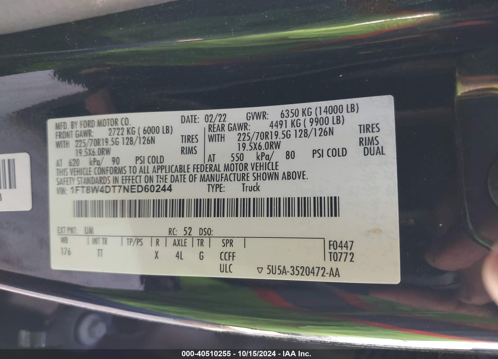 2022 FORD F-450 LIMITED VIN: 1FT8W4DT7NED60244