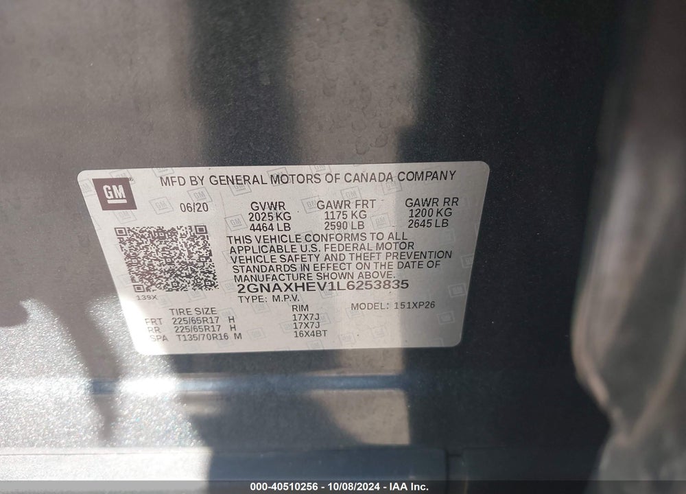 2020 CHEVROLET EQUINOX FWD LS VIN: 2GNAXHEV1L6253835