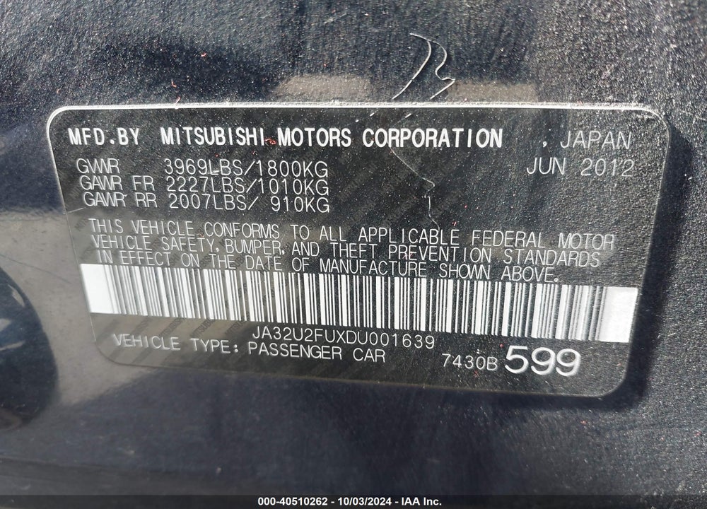 2013 MITSUBISHI LANCER ES VIN: JA32U2FUXDU001639