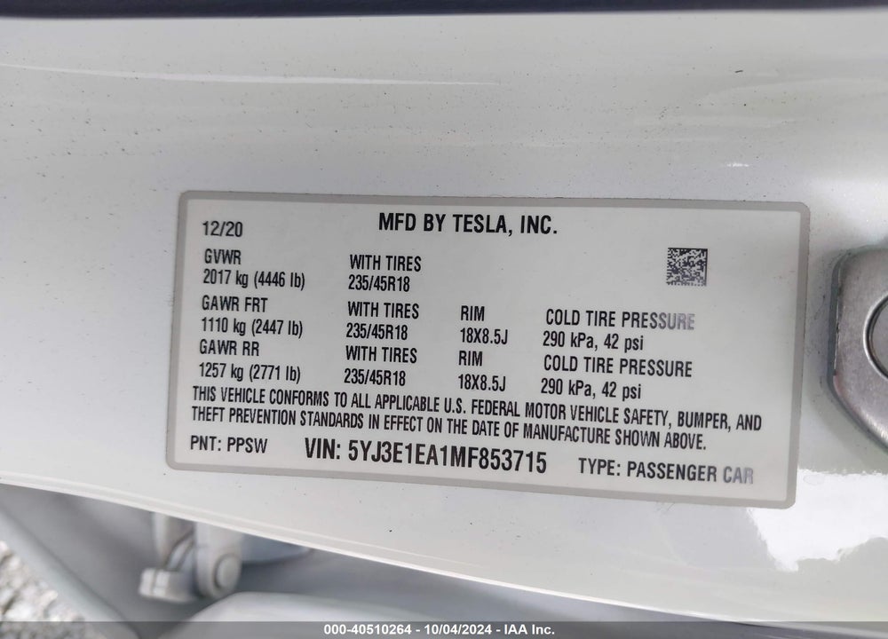 2021 TESLA MODEL 3 STANDARD RANGE PLUS REAR-WHEEL DRIVE VIN: 5YJ3E1EA1MF853715