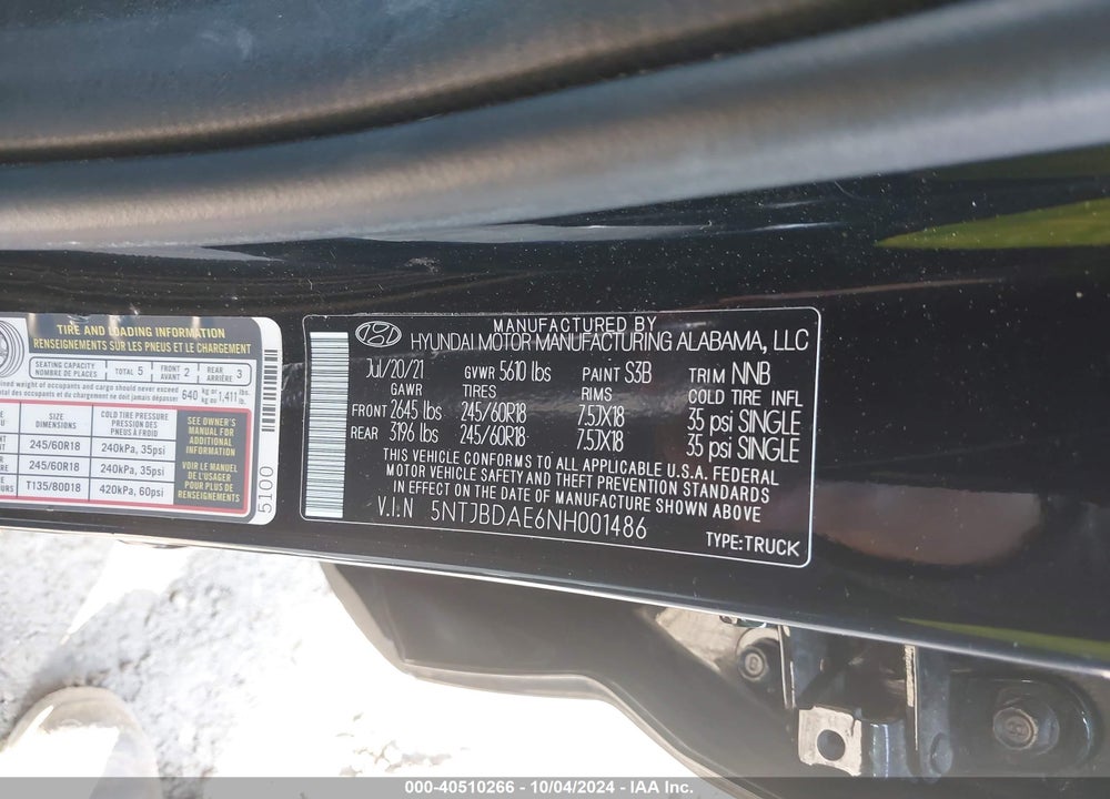 2022 HYUNDAI SANTA CRUZ SEL VIN: 5NTJBDAE6NH001486