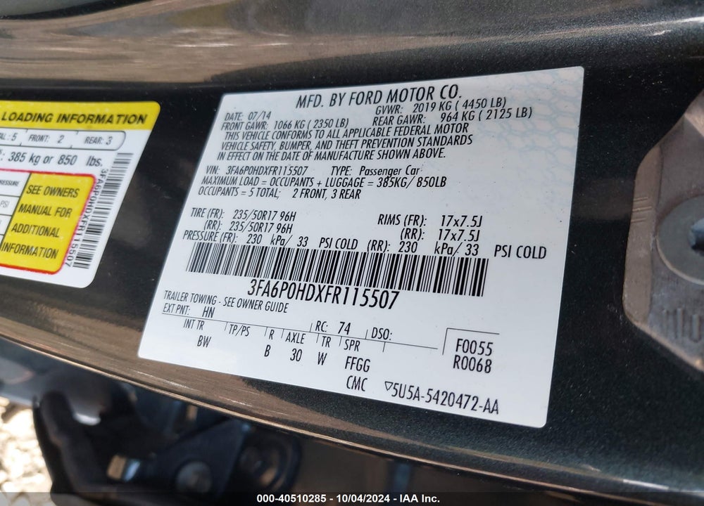2015 FORD FUSION SE VIN: 3FA6P0HDXFR115507