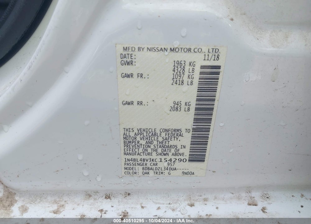 2019 NISSAN ALTIMA 2.5 S VIN: 1N4BL4BV3KC154290