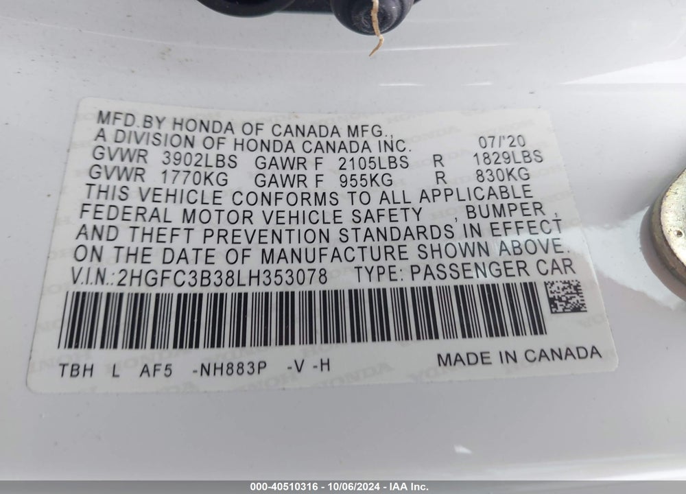 2020 HONDA CIVIC EX VIN: 2HGFC3B38LH353078