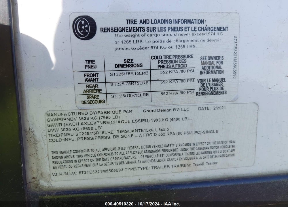 2021 GRAND DESI IMAGINE TR VIN: 573TE3221M5505593