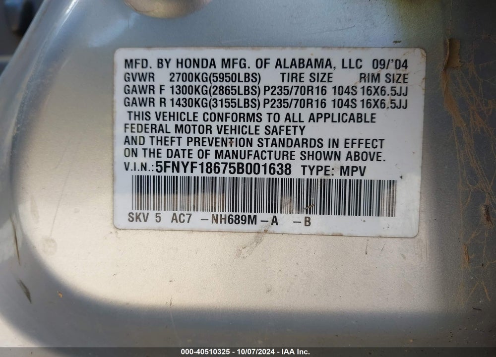 2005 HONDA PILOT EX-L VIN: 5FNYF18675B001638