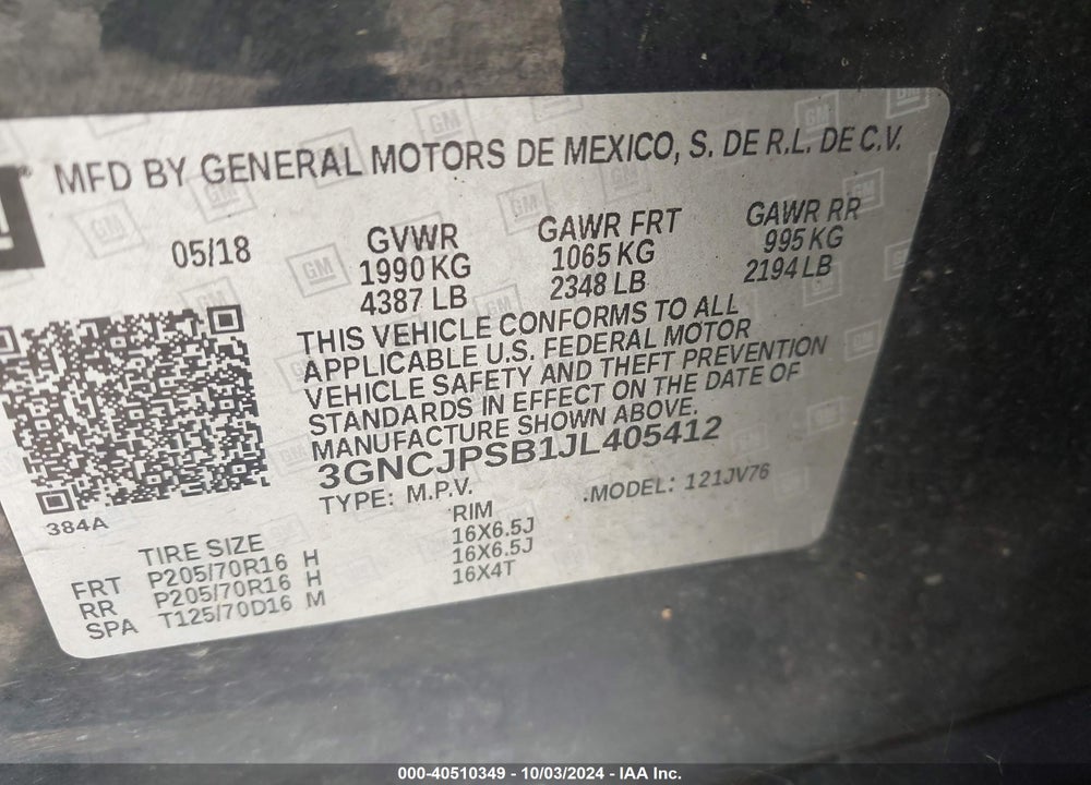 2018 CHEVROLET TRAX LT VIN: 3GNCJPSB1JL405412