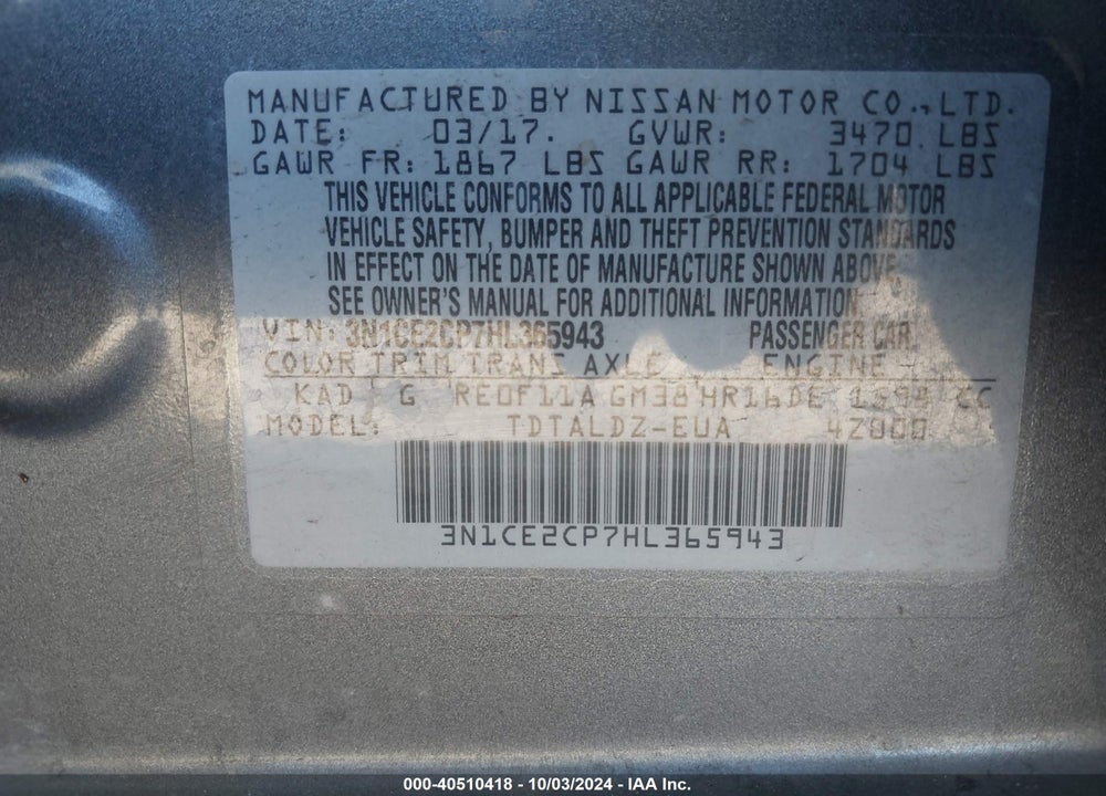 2017 NISSAN VERSA NOTE SV VIN: 3N1CE2CP7HL365943