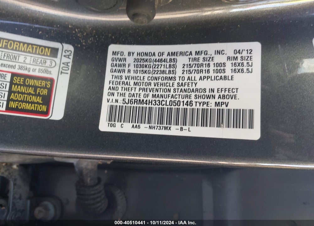 2012 HONDA CR-V LX VIN: 5J6RM4H33CL050146