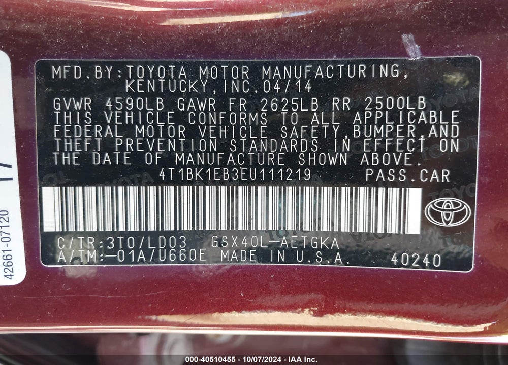 2014 TOYOTA AVALON XLE VIN: 4T1BK1EB3EU111219