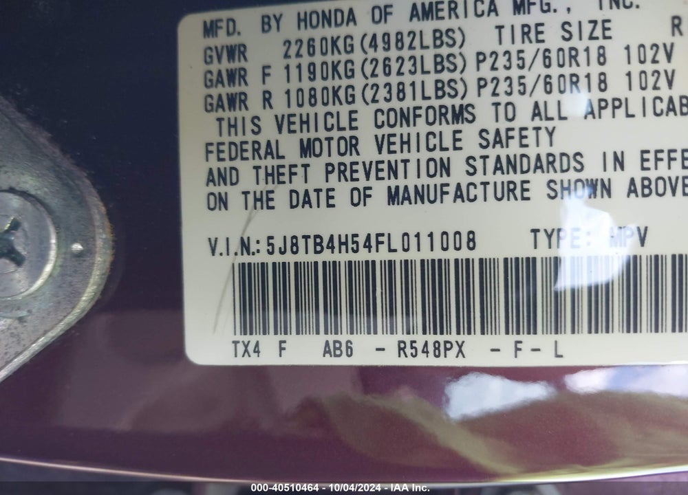 2015 ACURA RDX VIN: 5J8TB4H54FL011008