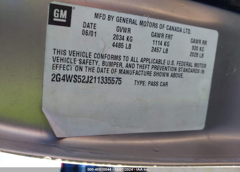 2001 BUICK CENTURY CUSTOM VIN: 2G4WS52J211335575