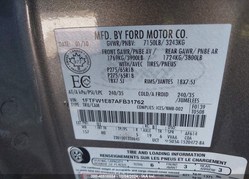 2010 FORD F-150 XL/XLT VIN: 1FTFW1E87AFB31762